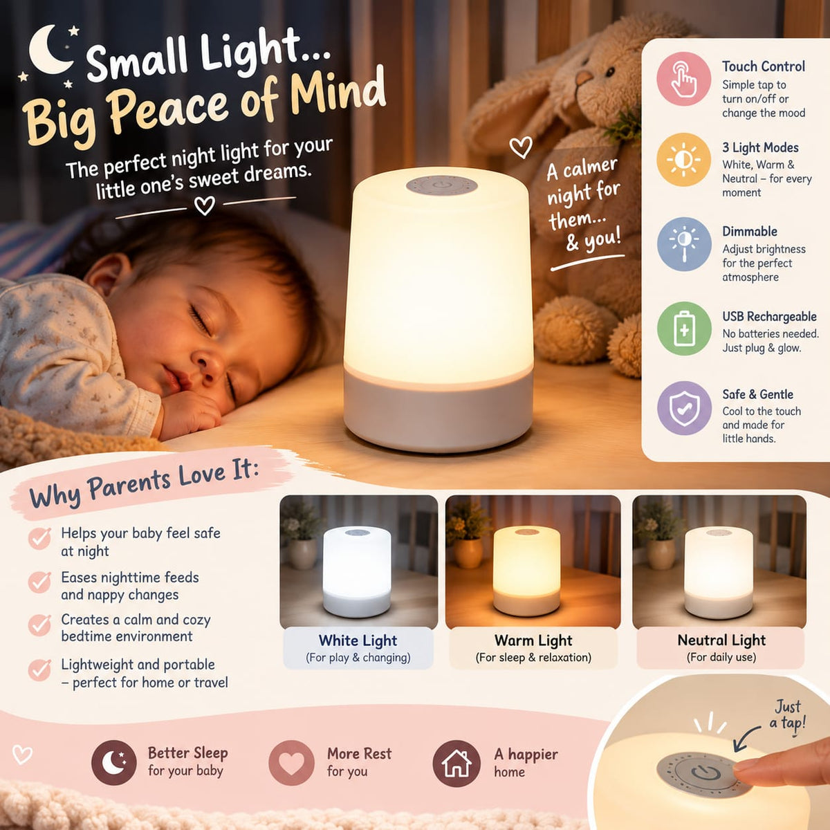 Babys4SA Touch Bedside Night Light – USB Rechargeable Dimmable Lamp