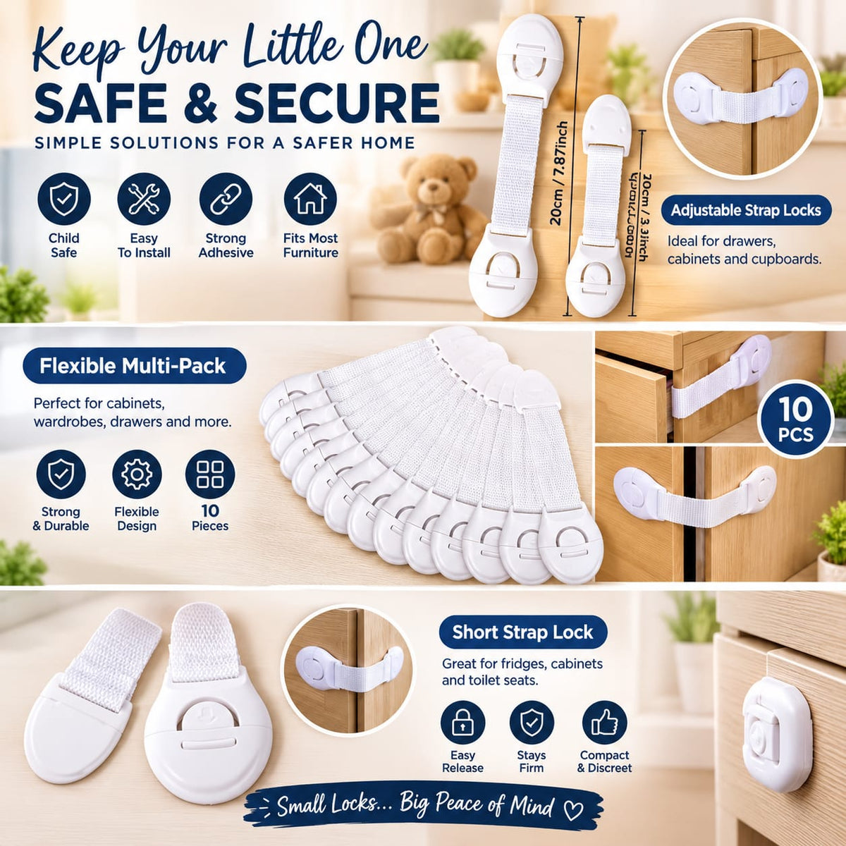 Babys4Sa 10pcs White Safety Locks – Child Protective Cabinet & Drawer Locks