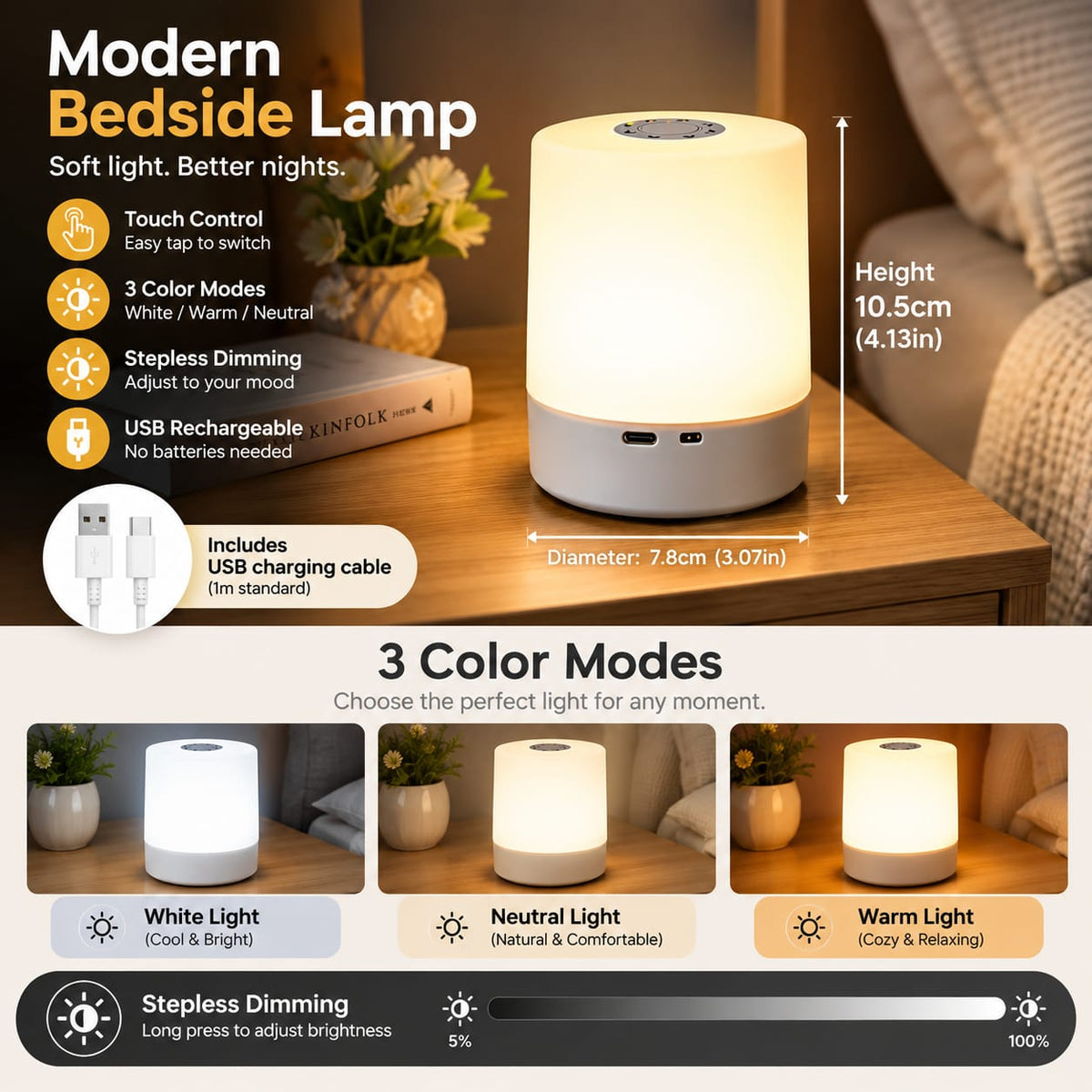 Babys4SA Touch Bedside Night Light – USB Rechargeable Dimmable Lamp