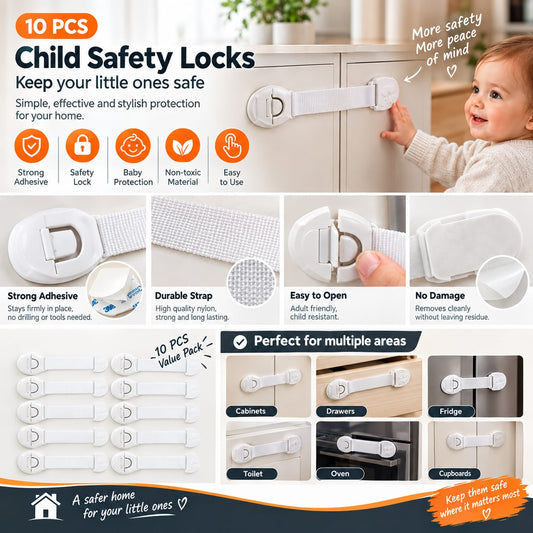 Babys4Sa 10pcs White Safety Locks – Child Protective Cabinet & Drawer Locks